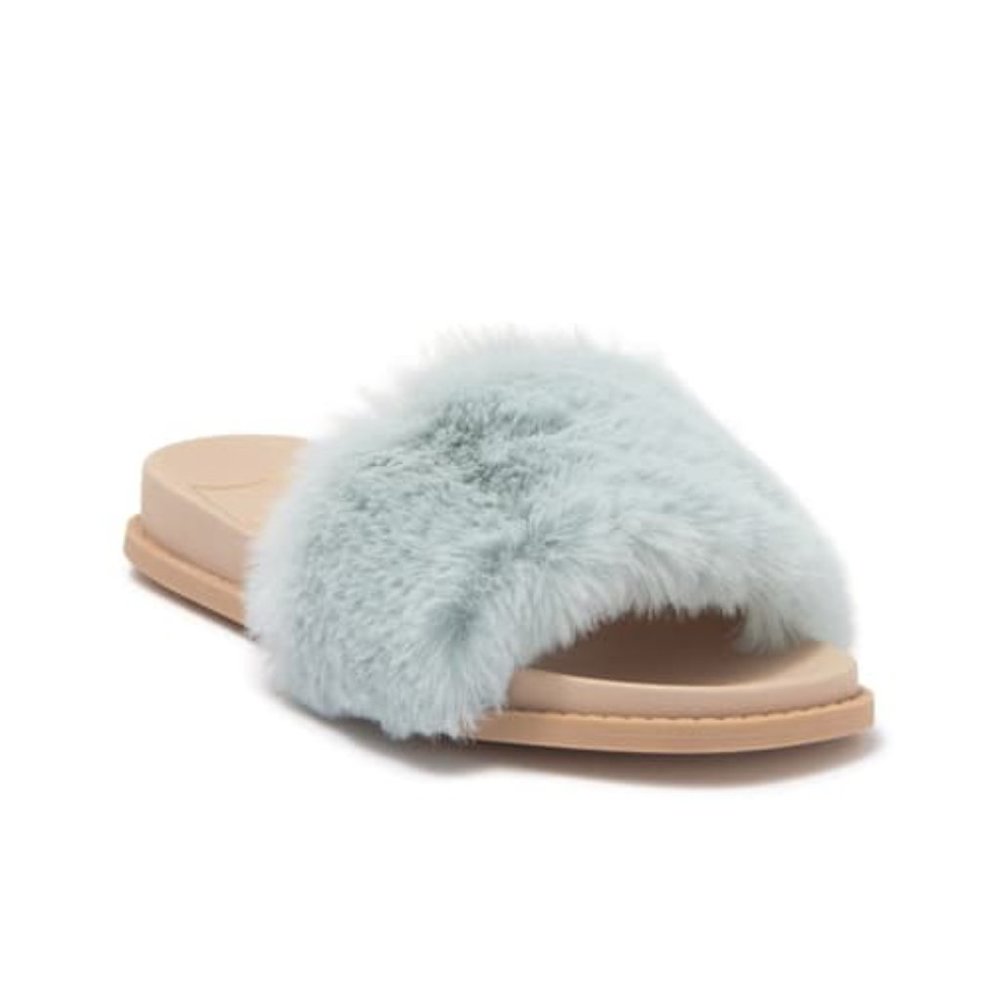 NEW Dolce Vita Women Gwynn Faux Fur Slide Sandal Slipper Aqua